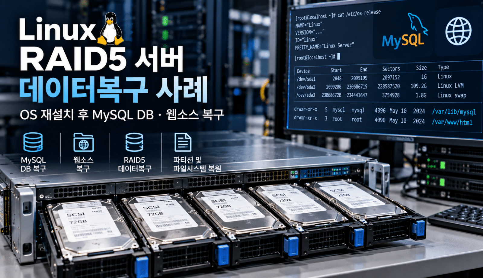 Linux RAID5 서버 OS 재설치 후 MySQL DB 및 웹소스 복구