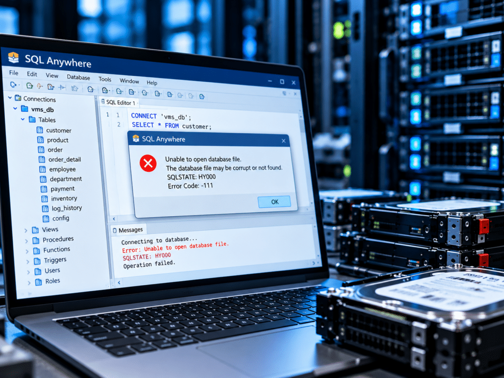 SQL Anywhere 데이터베이스를 사용하는 환경에서 데이터베이스 파일 손상 또는 비정상 종료 이후 데이터베이스가 정상적으로 열리지 않는 문제가 발생할 수 있습니다.