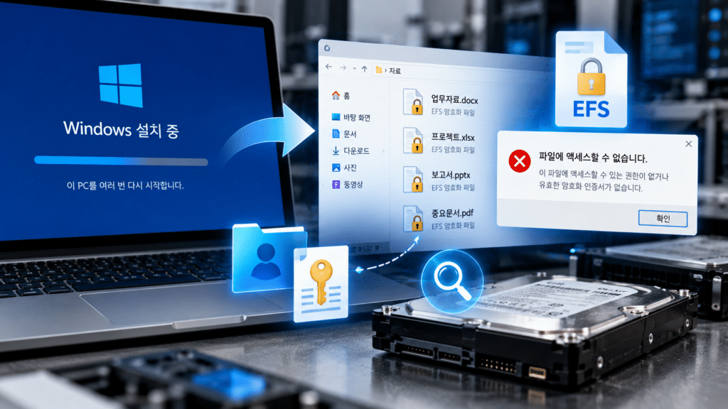 Windows에서 중요한 파일을 EFS(Encrypting File System)로 암호화하여 사용하던 중 운영체제에 문제가 발생하여 Windows를 재설치한 후 기존 파일을 열 수 없는 경우가 있습니다.
파일 자체가 HDD나 SSD에 그대로 남아 있더라도 EFS 암호화에 사용된 인증서와 개인키에 정상적으로 접근하지 못하면 파일을 바로 열 수 없는 상황이 발생할 수 있습니다.